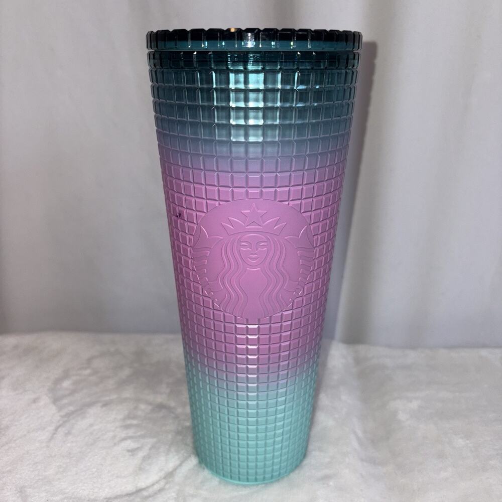Starbucks 2024 Ombré Grid Tumbler Cold Cup Venti 24oz Pink Blue Teal Good Cond.
